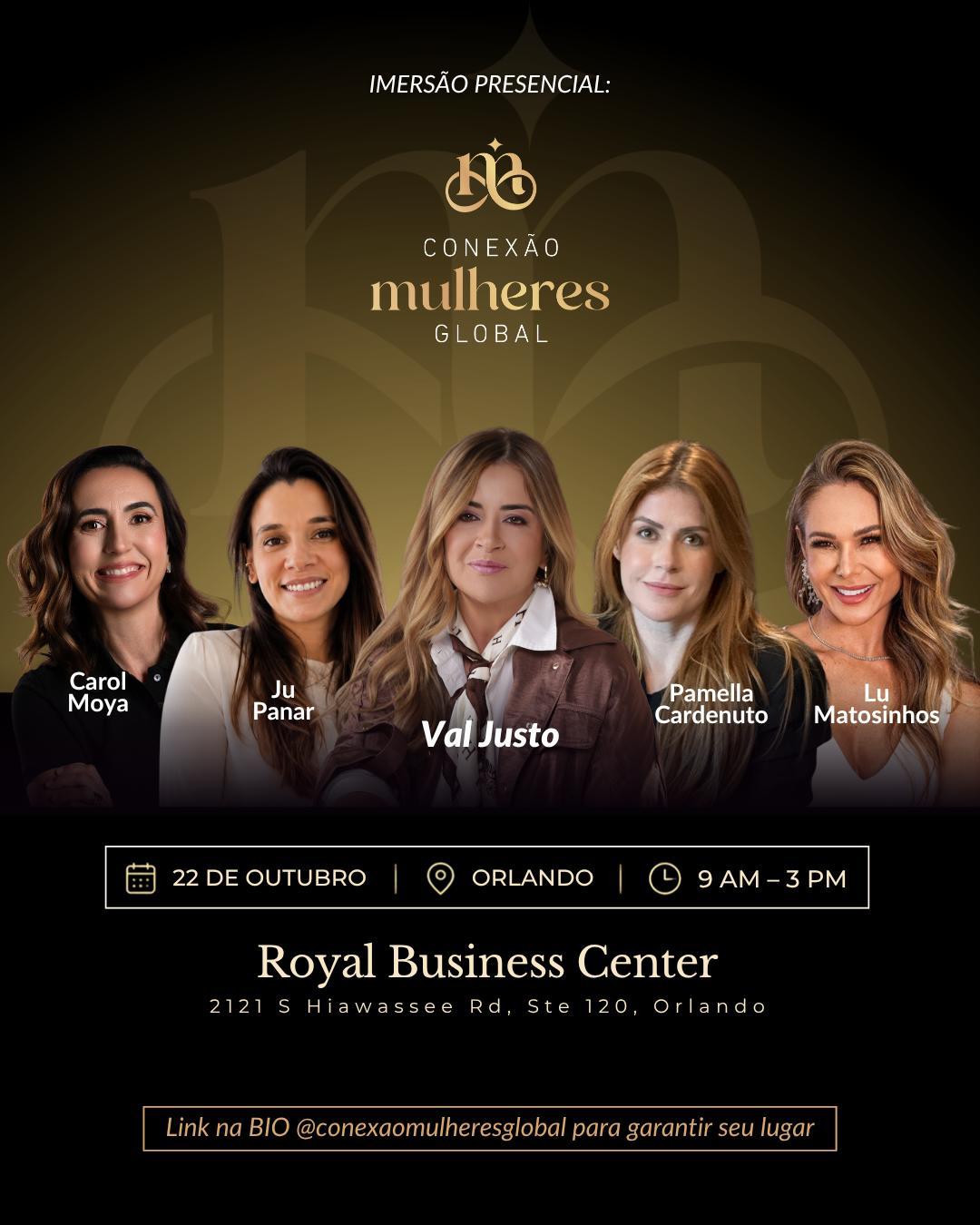 Arte original da imersão Conexão Mulheres Global, com palestrantes e informações do evento